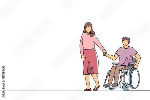 Continuous one line drawing wife walk the park with disabled husband, man on wheelchair. Assistance in rehabilitation of disabled person. Lovely couple. Single line design vector graphic illustration