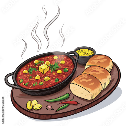 A vibrant, close-up shot of a sizzling plate of Pav Bhaji, richly garnished, served with soft, buttery buns on the side.