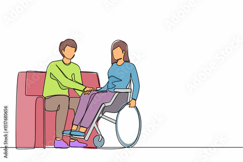 Single continuous line drawing couple at home with disability woman in wheelchair holding hands with man sitting on sofa. Assistance rehabilitation of disabled person. One line graphic design vector