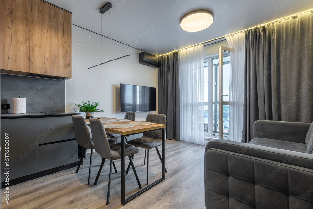 Fototapeta premium Open-Plan Living and Dining with Floor-to-Ceiling Window