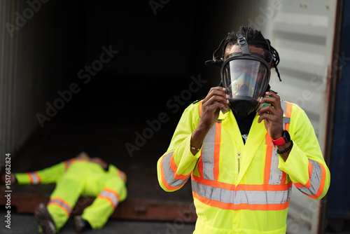 African worker with high visibility safety gear puts on protective gas mask and lie down friend industrial worker has accident about toxic gas