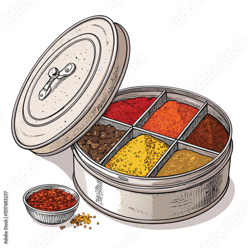 Vibrant, colorful Masala Dabba spice box with its lid open, showcasing various spices inside.  Close-up view emphasizing the rich hues and textures.