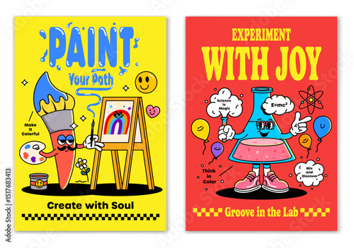 A vibrant duo of groovy profession posters featuring a passionate artist and an imaginative scientist. Designed in retro cartoon style with bold colors, expressive characters, and funky details
