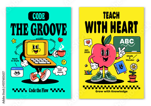 A groovy poster set with a funky laptop and a wise apple – perfect for classrooms, dev spaces, or anyone who grooves with code, learning, and creative energy. Vector illustration