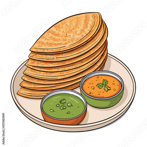 A delectable stack of golden-brown masala dosas, served with vibrant green coconut chutney and sambar.