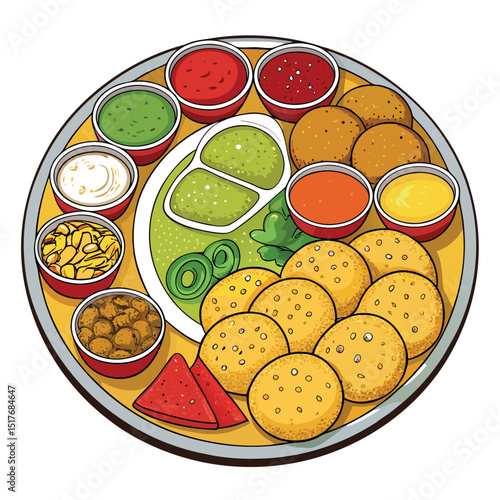 Vibrant close-up of a street vendor's plate overflowing with diverse Indian snacks, including samosas, pakoras, and jalebis. (1) denotes a missing item.