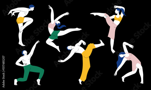 Hand-drawn vector set with dancers. Men and women in modern dance poses on black background. 