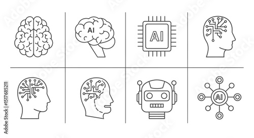 Artificial Intelligence Icon Set Brain, Chip, Robot, and Network Graphics