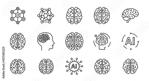 Artificial Intelligence Brain Icons Vector Set of AI and Neural Network Symbols