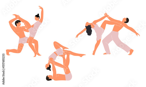Hand-drawn vector set with dancers. Men and women in modern dance poses in pastel colors. 