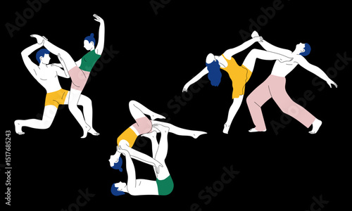 Hand-drawn vector set with dancers. Men and women in modern dance poses on black background. 