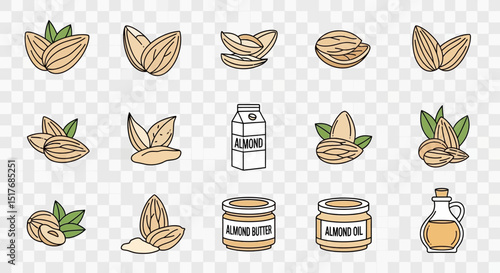 Collection of Almond Nut Illustrations  Nuts, Milk, Butter, Oil