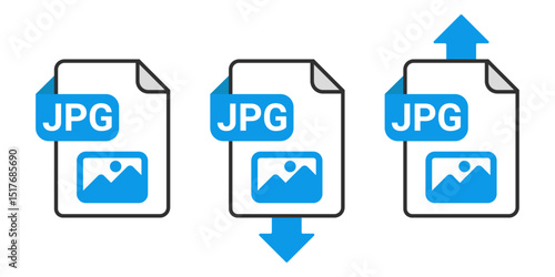 JPG File Download and Upload Icon Set with Blue Arrow Symbol on Transparent Background for Image Transfer, Data Sharing and Photo File Exchange Vector Illustration