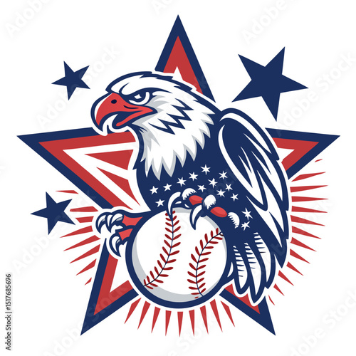 A majestic, stylized eagle, rendered in vibrant colors, fiercely gripping a baseball in its powerful talons.  The background should be subtly detailed.
