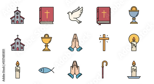 Christian Religious Icons Church, Bible, Cross, Dove, and More Illustrations