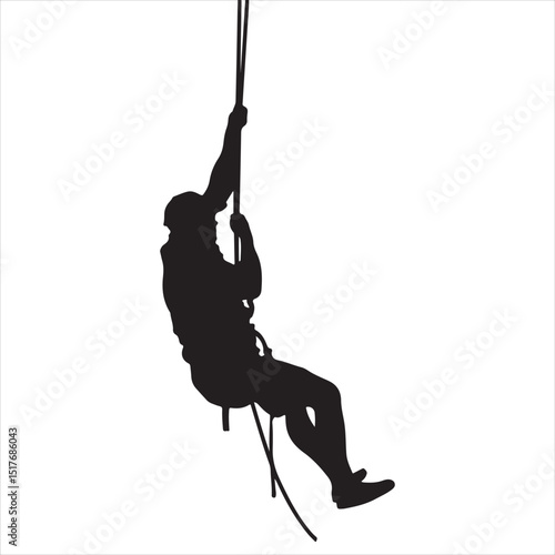 Rock Climber Abseiling Silhouette: Extreme Sport Adventure, Rope Descending Outdoor Activity

