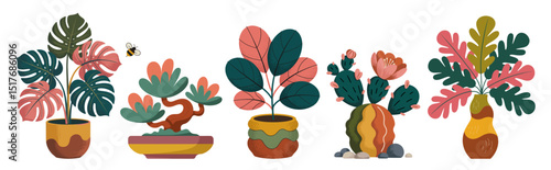 Colorful abstract funky house plants in pots, mid-century modern retro style with geometric patterns, perfect for vibrant, stylish decor and graphic design projects