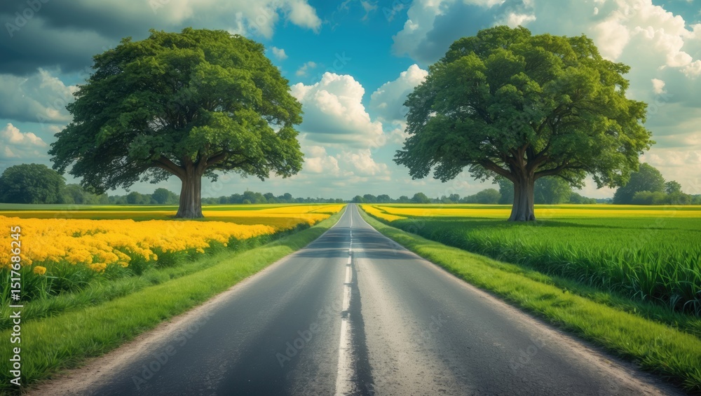 Fototapeta premium Beautiful floral scenery in France's countryside during spring, showcasing yellow rapeseed fields and a picturesque arch tree on the road.