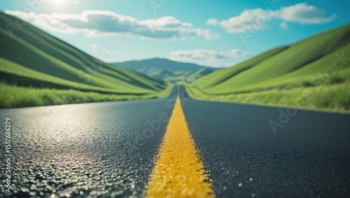 Scenic mountain highway with empty road and blue sky in a rural landscape