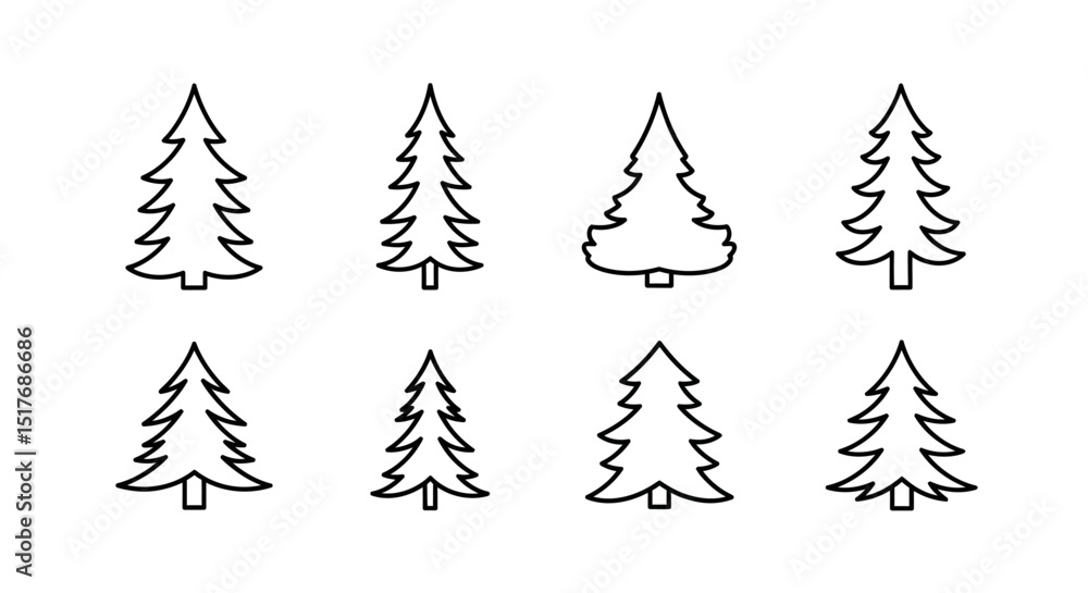 Obraz premium Collection of Eight Line Art Fir Tree Silhouettes Vector EPS Illustration