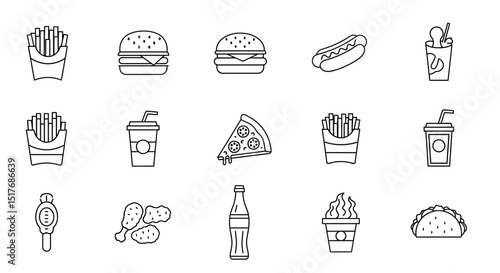 Fast Food Icons Line Art Illustrations for Menus, Websites, and Apps
