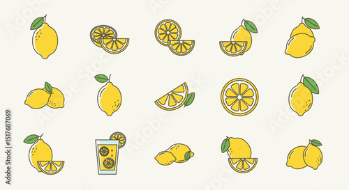 Vibrant Lemon Fruit Illustrations  A Collection of Fresh Citrus Icons