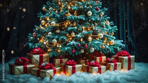 Elegant Christmas tree adorned with red and gold gift boxes against a dark background