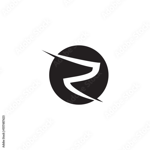logo letter R modern design. This letter is located in the middle of a black circle. The letter shape is dynamic, with curved and sharp lines giving the impression of speed and movement. 