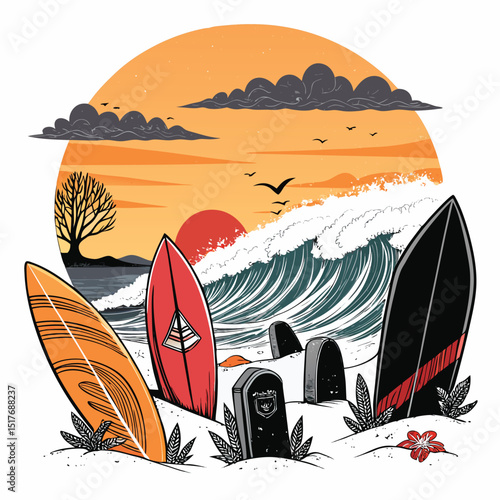 Ethereal sunset casts golden hues on weathered surfboards decaying on a beach, powerful waves crashing nearby.  A melancholic graveyard of surfboards.