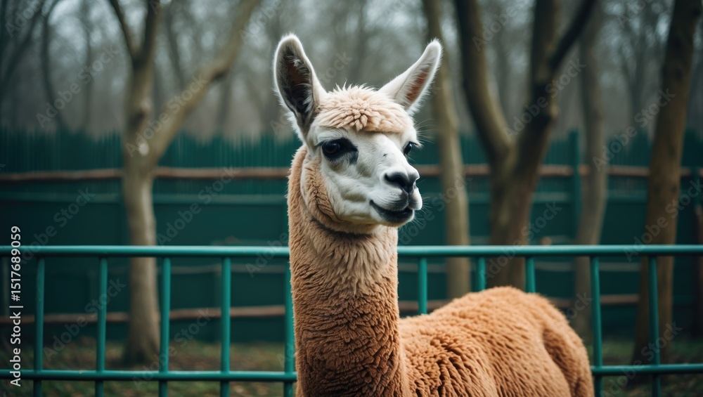Obraz premium Brown llama with dark face behind green metal fence in outdoor farm enclosure among trees and wooden structures