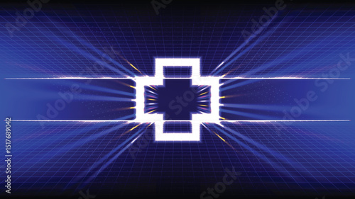 Futuristic AI healthcare and digital marketing technology background. Glowing neon grid with central AI processor future health, digital marketing, artificial intelligence integration in technology.