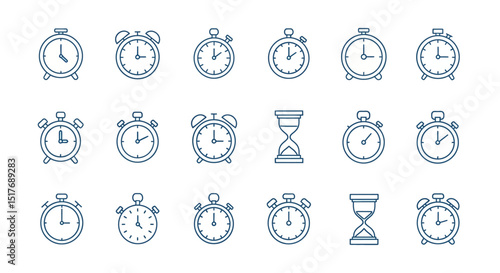 Collection of Time Icons Stopwatches, Alarm Clocks, Hourglasses - Vector Graphics