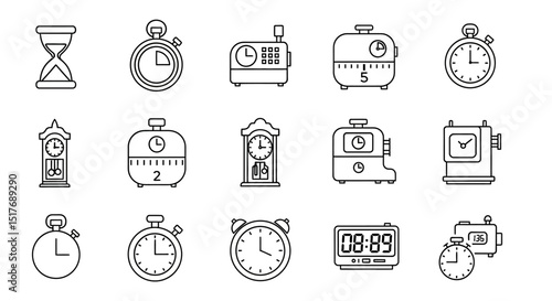 Collection of Timekeeping Devices Clocks, Timers, and Stopwatches – Line Art Illustrations