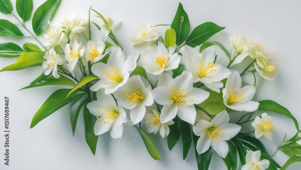 Obraz premium Vibrant jasmine flower with green leaves on a white background, clipping path included