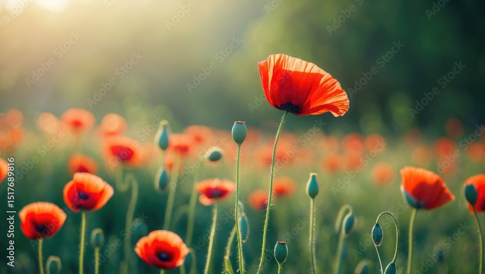 Obraz premium A red poppy flower blooming in a summer landscape with wildflowers and lush grass
