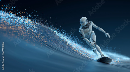 Futuristic robot surfs a digital wave, blending technology and action – artificial intelligence, innovation, and future concept.