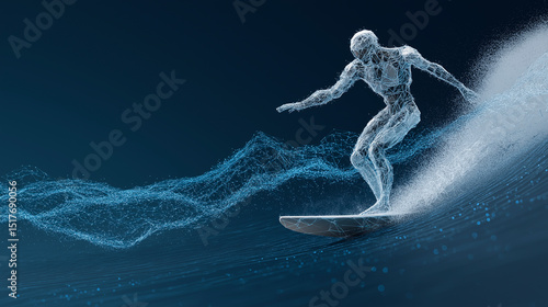 Fototapeta Naklejka Na Ścianę i Meble -  Digital wireframe surfer rides abstract waves, embodying technology, motion, and futuristic innovation concepts for creative design