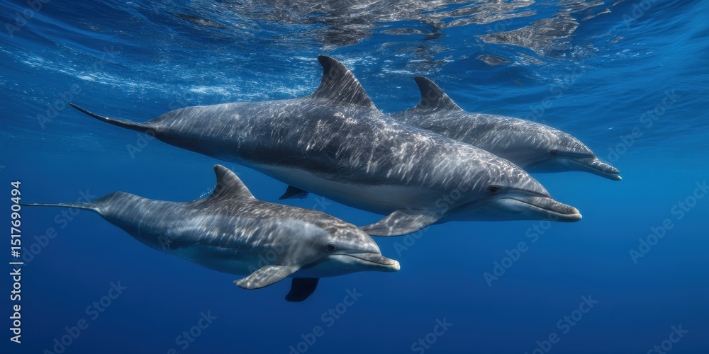 Fototapeta premium Three dolphins swim gracefully together underwater in clear blue ocean.