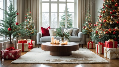 Holiday-themed living space with a grey sofa, Christmas tree, and seasonal decorations