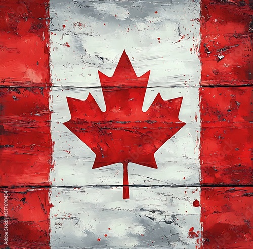 Textured painted canadian flag art with a rustic grunge style on wooden background