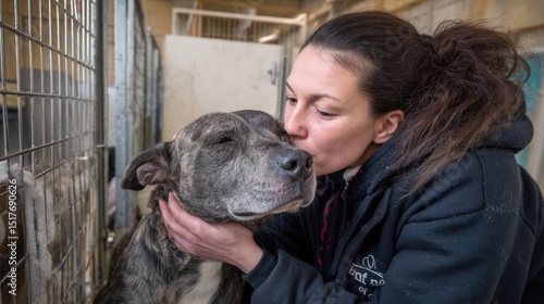 A woman tenderly kisses a dog inside an animal shelter, showing affection and care in a kennel environment.
