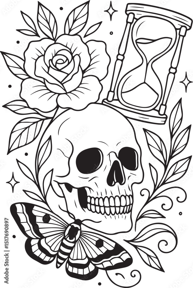 Fototapeta premium Tattoo Style Coloring Page for Adults –Printable Intricate Line Art for Relaxation, Stress Relief, and Mindful Coloring and Hobby Time
