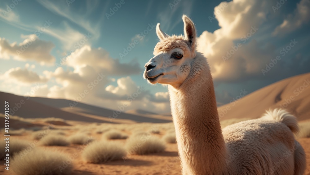 Obraz premium A domesticated Llama (Lama glama) in the Andes Mountains with a cloudy sky background