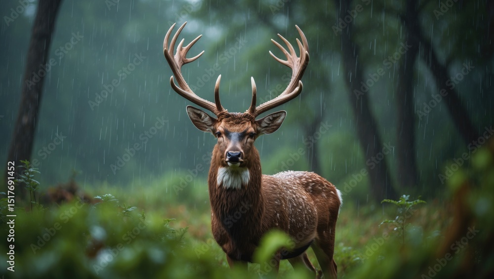 Naklejka premium Scottish red deer stag in the rain amidst highlands