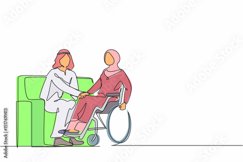 Single continuous line drawing Arab couple at home with disability woman in wheelchair holding hands with man sitting on sofa. Assistance rehabilitation of disabled person. One line draw design vector