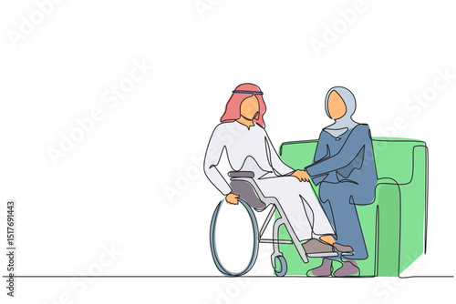 Single one line drawing Arabian couple with disability man in wheelchair holding hands with woman sitting on sofa. Assistance rehabilitation of disabled person. Continuous line design graphic vector