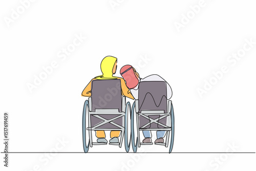 Continuous one line drawing back view Arabian couple with disabilities sit in wheelchairs talking each other. Man rests his head on woman's shoulder. Рeople with disability. Single line design vector