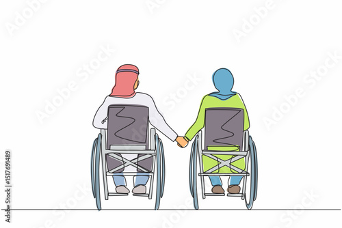 Single continuous line drawing back view of disabled people on wheelchair living happy active lifestyle. Disabled Arab couple man woman in wheelchair sitting and holding hands. One line design vector