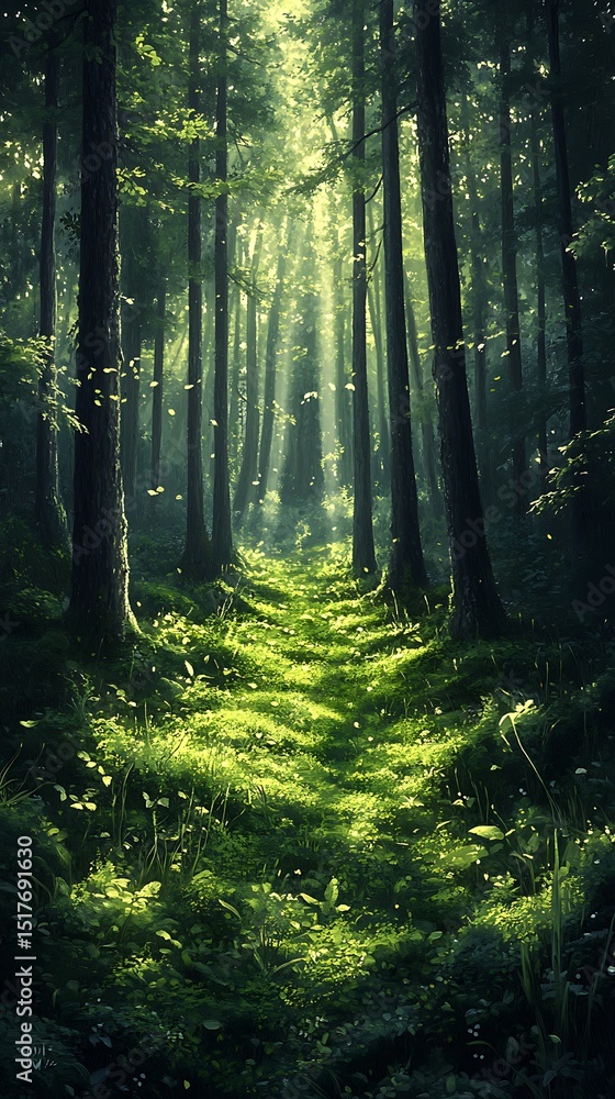 Fototapeta premium Enchanted Forest Trail: A Pathway Through Sun-Dappled Woodland Greenery
