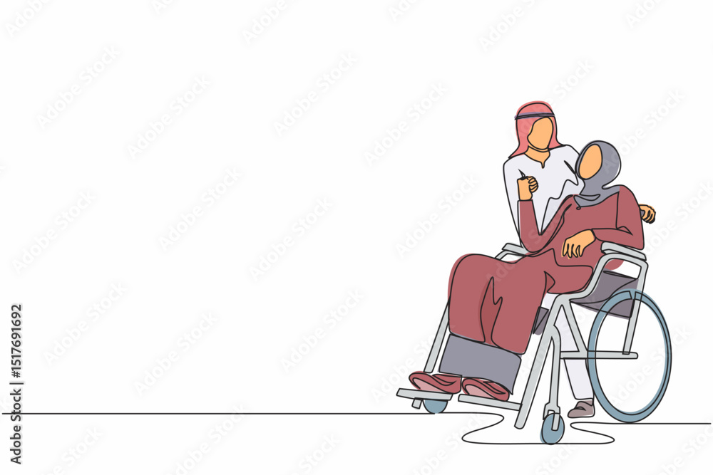 Single one line drawing husband embracing disabled Arabian wife sitting on wheelchair. Couple looking at each other with love. Man holding hands of disable woman. Continuous line design graphic vector Single one line drawing husband embracing disabled Arabian wife sitting on wheelchair. Couple looking at each other with love. Man holding hands of disable woman. Continuous line design graphic vector